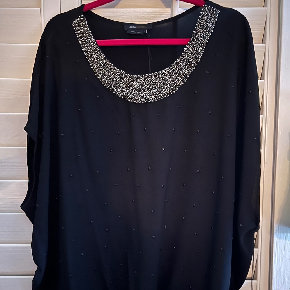 BCBG MAXAZRIA Black NWT Jeweled Neck Blouson Jersey Top with Black Beaded Front